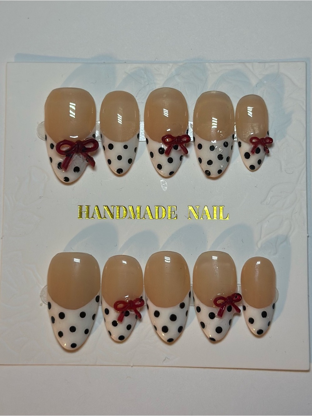Handmade White French tip with Polka Dot and red bows Press-On Nails